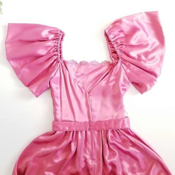 Vintage Union Made 80s Puff Sleeve Satin Pink Embrodiered Floral Midi Dress - Picture 13 of 16